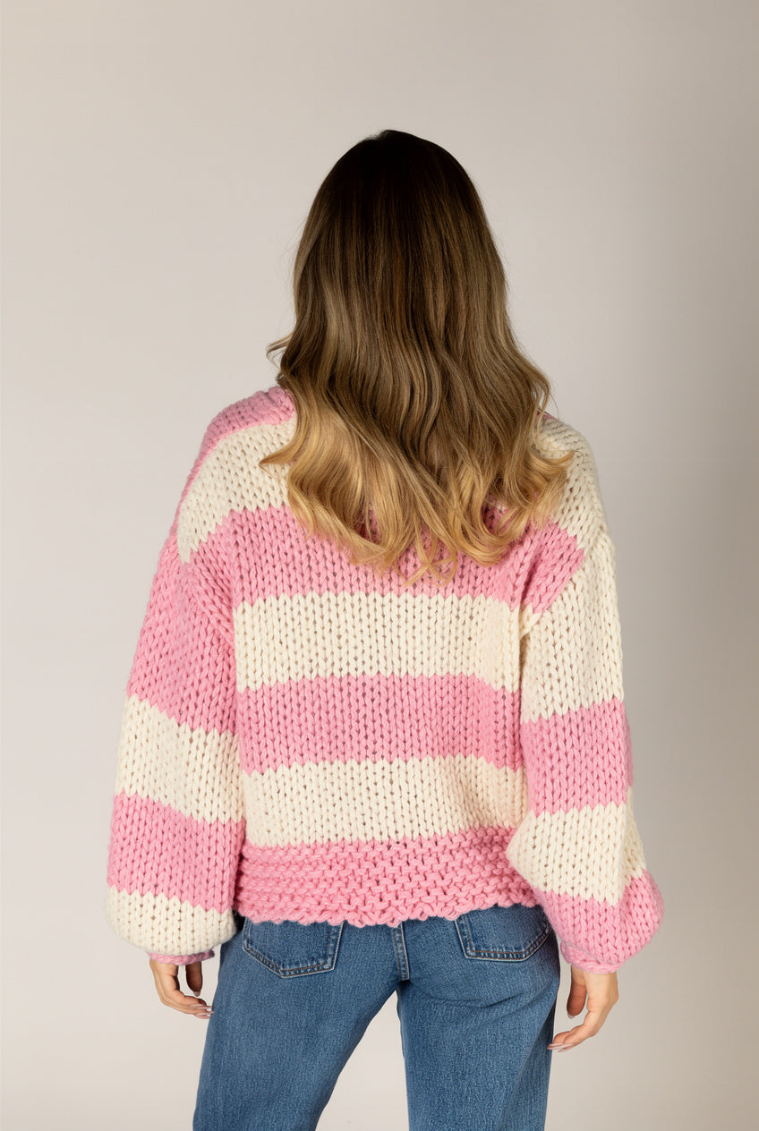 Leelee Hand Knit Stripe Cardi - Pink / Beige