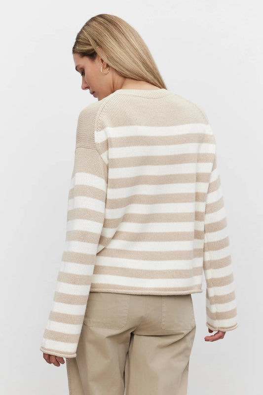 Lex Cotton Cashmere Striped Crew Neck Sweater - Sable / Milk