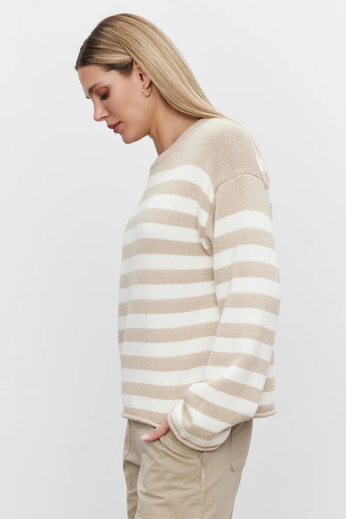 Lex Cotton Cashmere Striped Crew Neck Sweater - Sable / Milk