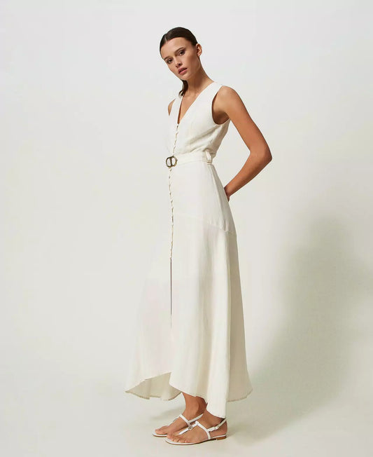 Long Linen Blend Dress - Ivory