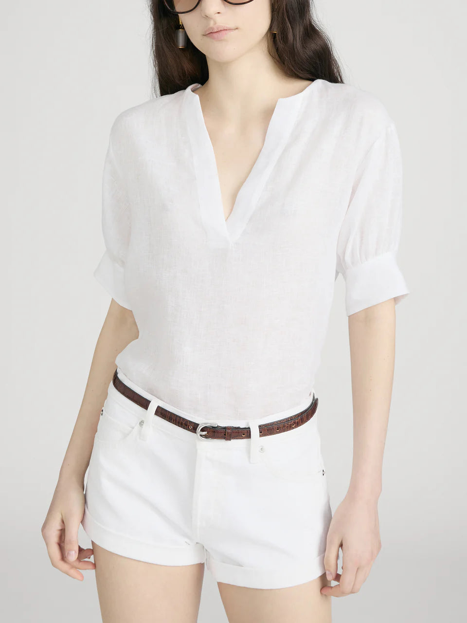 The Linen V-Neck Popover Top - White