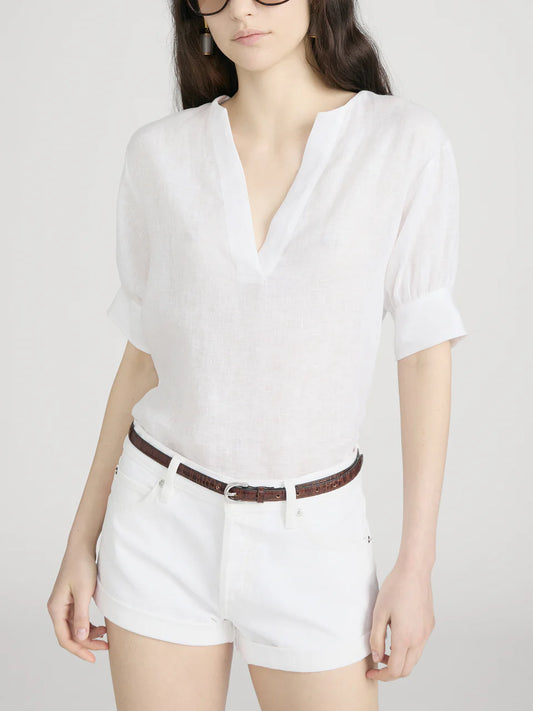 The Linen V-Neck Popover Top - White