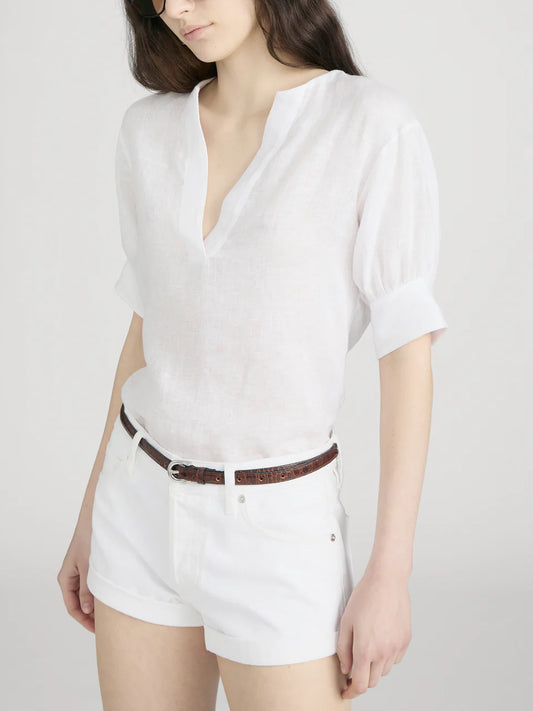 The Linen V-Neck Popover Top - White