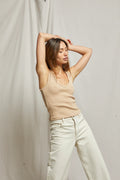 Maria Structured Rib Bra Friendly V-Neck Tank - Sand Dune