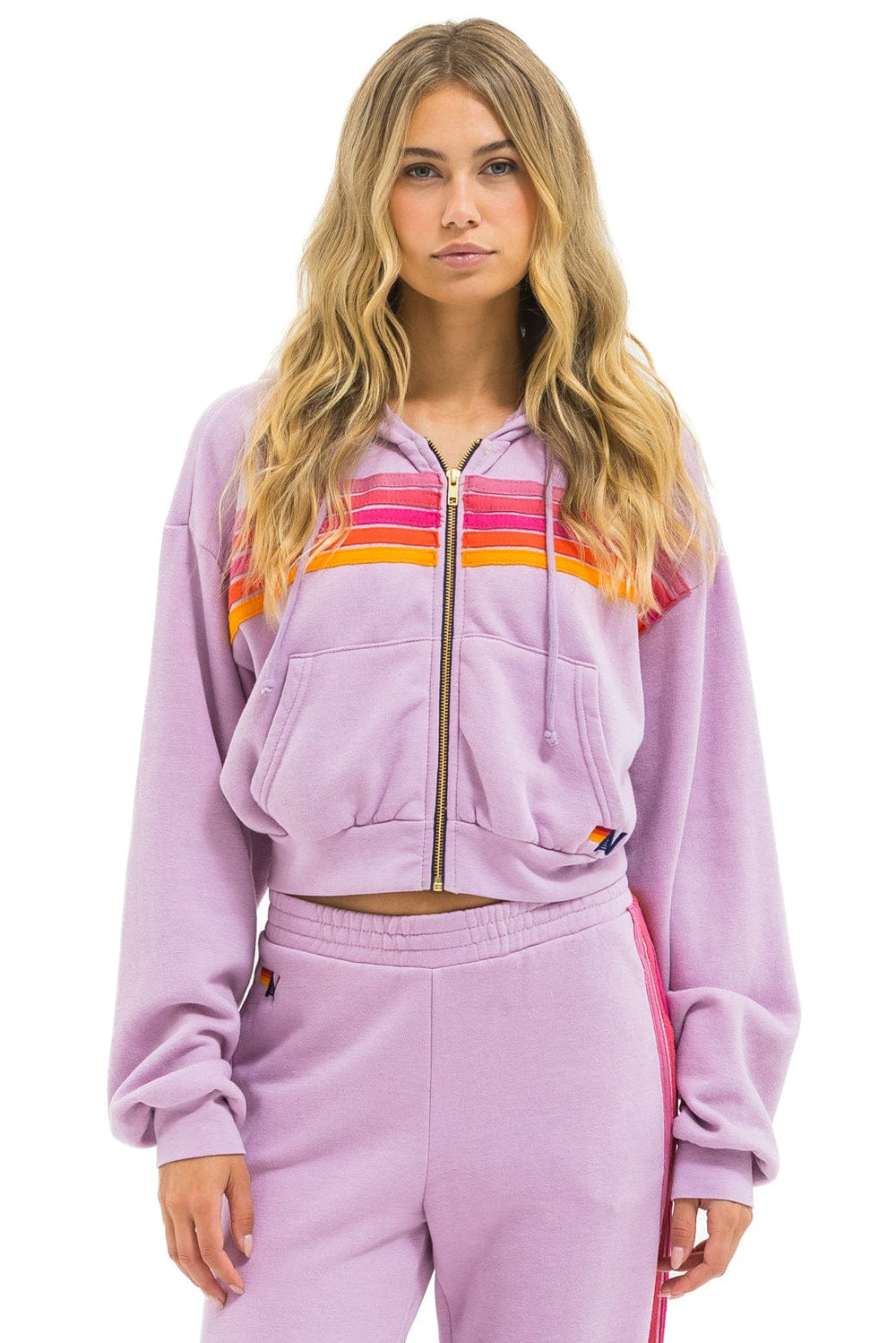 5 Stripe Cropped Zip Hoodie Relaxed - Mauve / Magenta / Orange