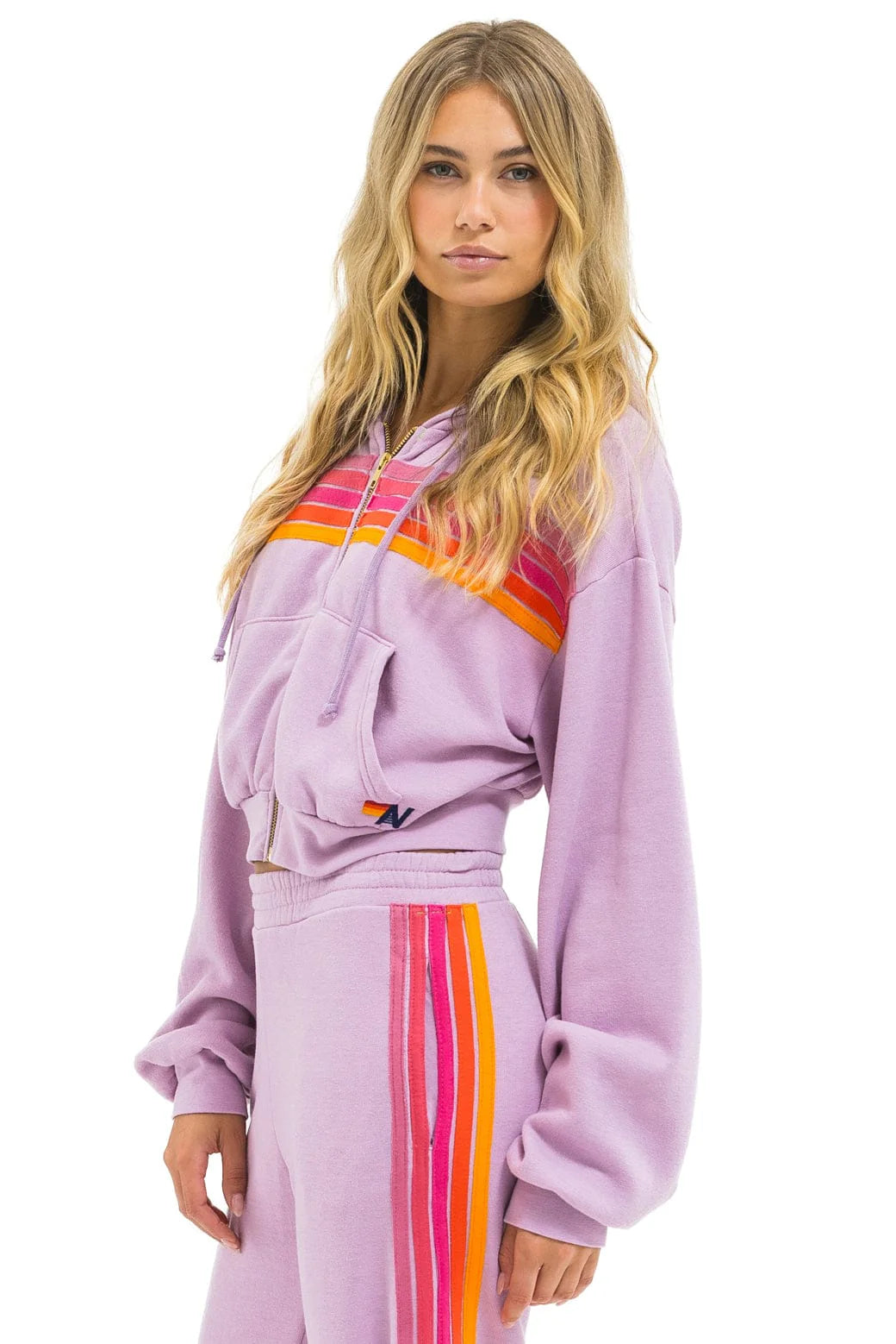 5 Stripe Cropped Zip Hoodie Relaxed - Mauve / Magenta / Orange