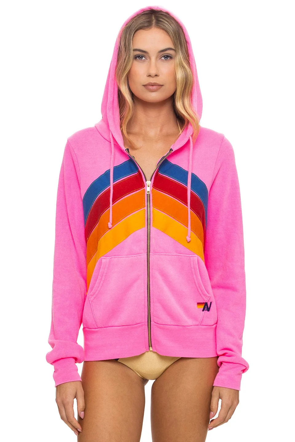 Mountain Stitch Chevron 4 Zip Hoodie - Neon Pink