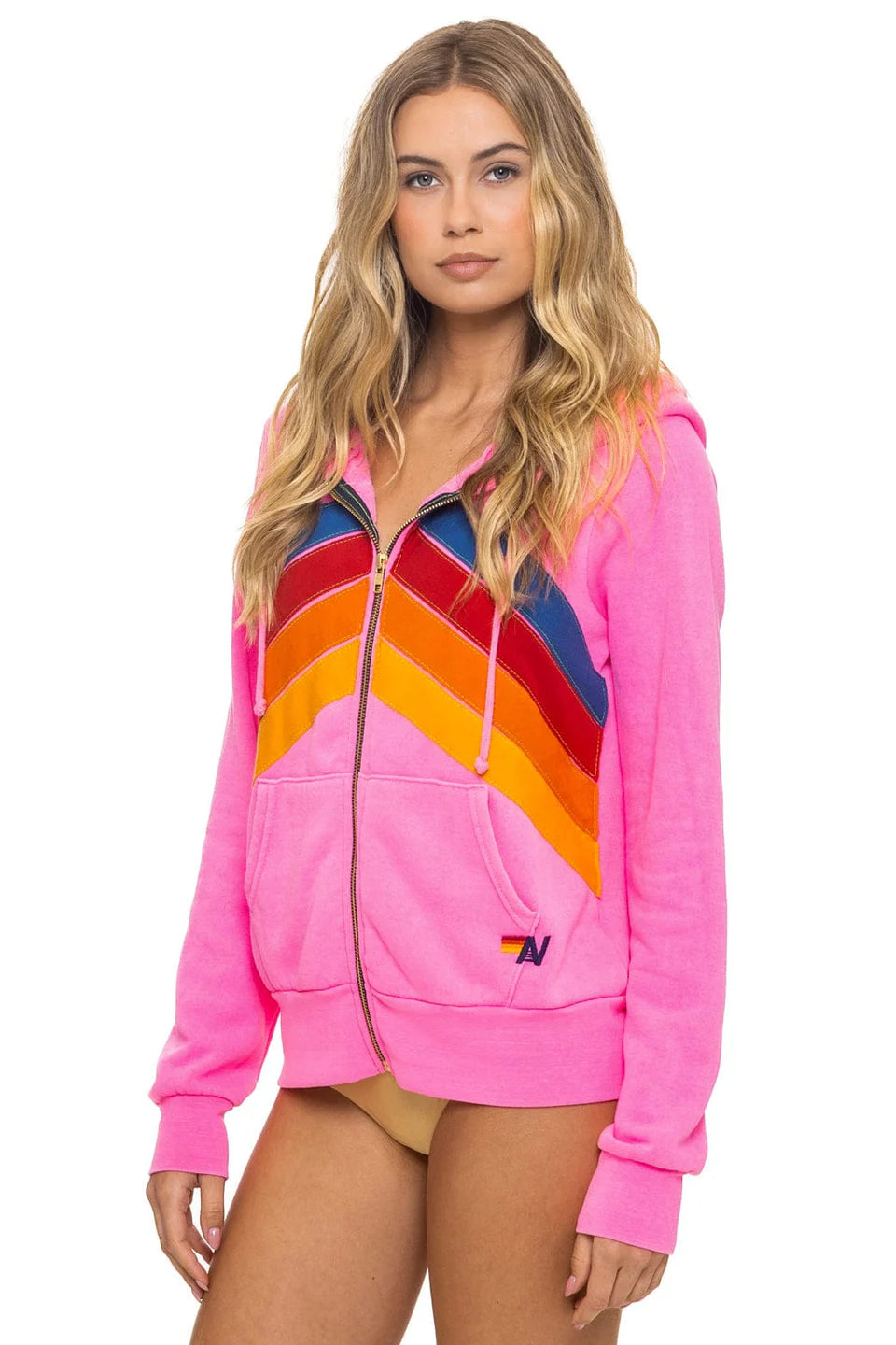 Mountain Stitch Chevron 4 Zip Hoodie - Neon Pink
