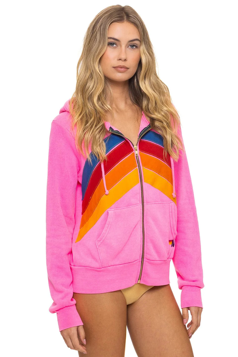 Mountain Stitch Chevron 4 Zip Hoodie - Neon Pink