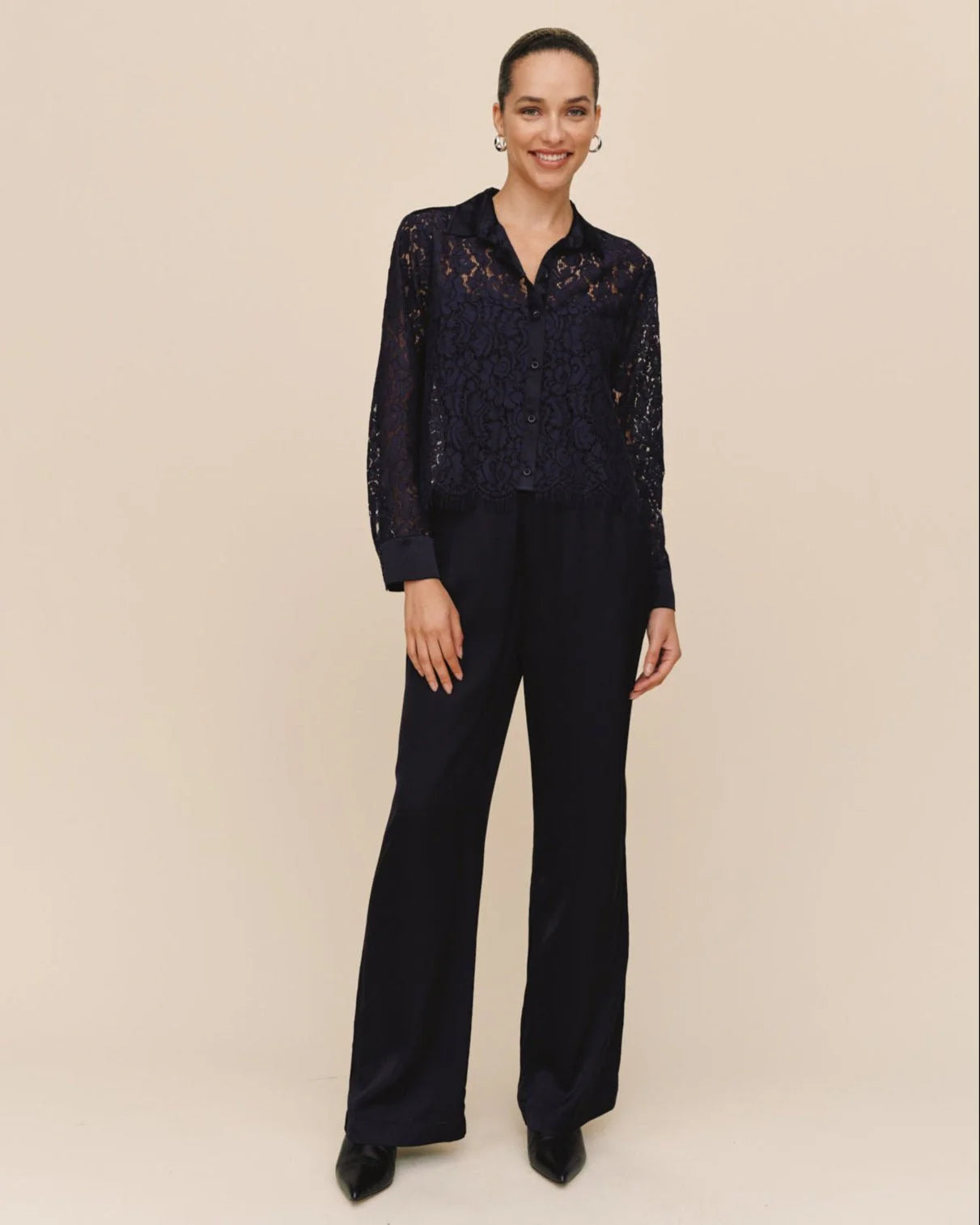 Lace Contrast Button Down - Midnight Sky