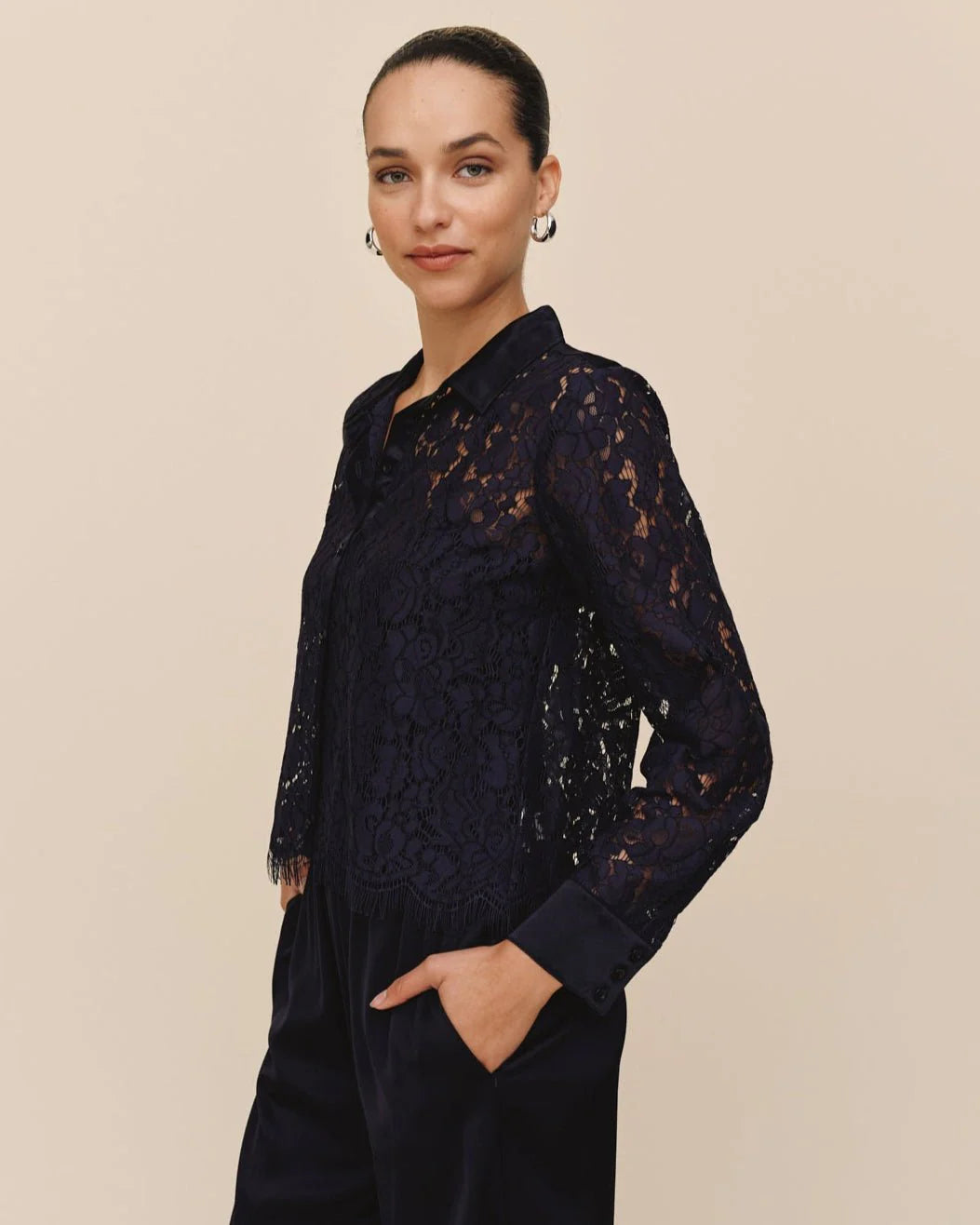 Lace Contrast Button Down - Midnight Sky