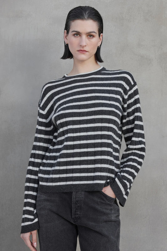 Napa Cashmere Striped Crew Neck Sweater - Charcoal / Cement