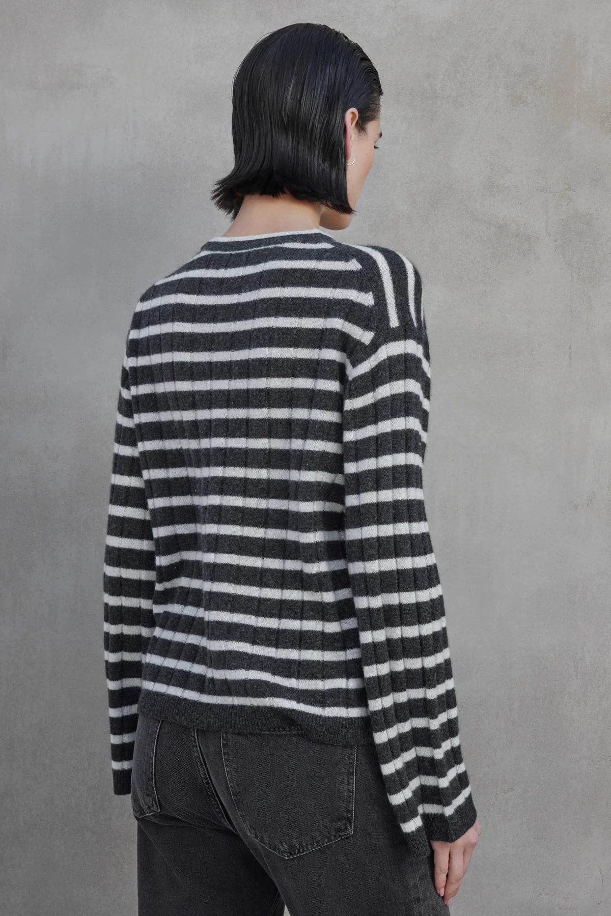 Napa Cashmere Striped Crew Neck Sweater - Charcoal / Cement