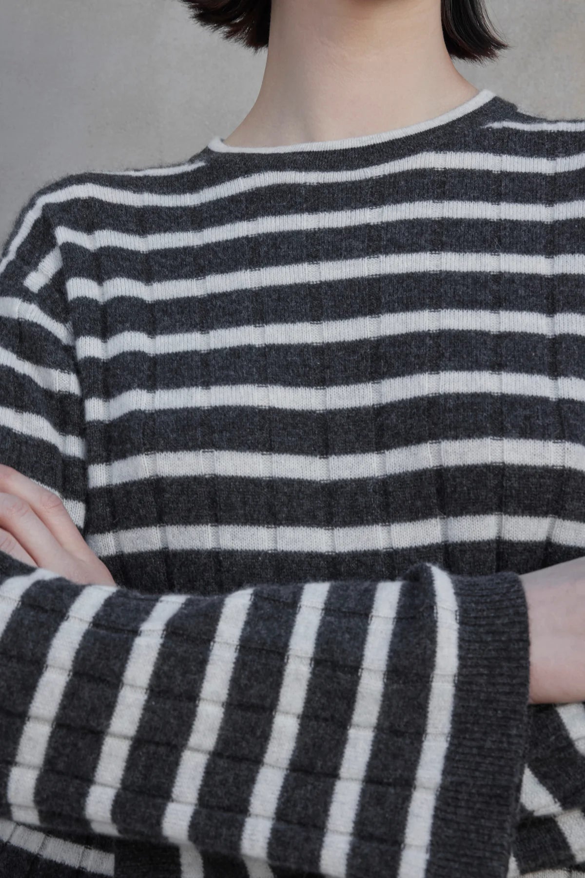 Napa Cashmere Striped Crew Neck Sweater - Charcoal / Cement