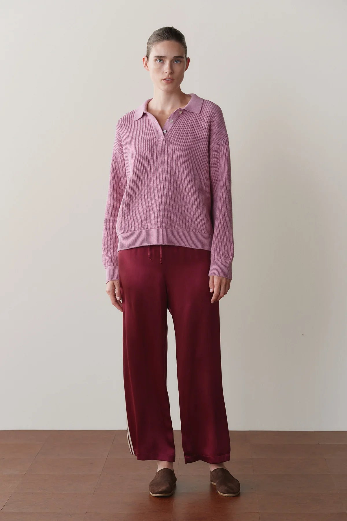 The Silk Stripe Crop Pant - Oxblood / Cream