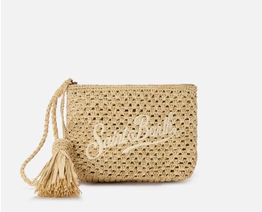 Natural Raffia Pouch with Embroidered Logo
