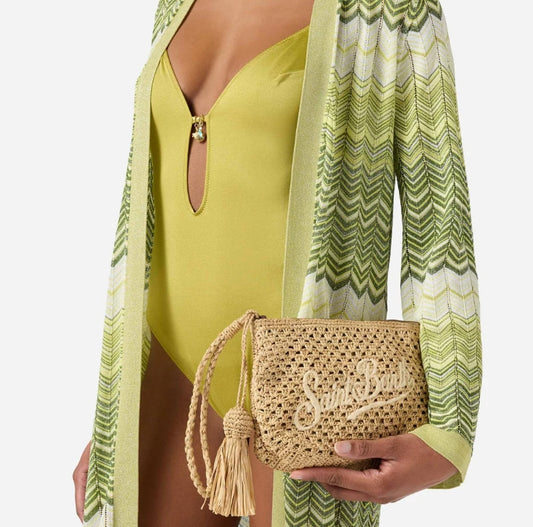Natural Raffia Pouch with Embroidered Logo