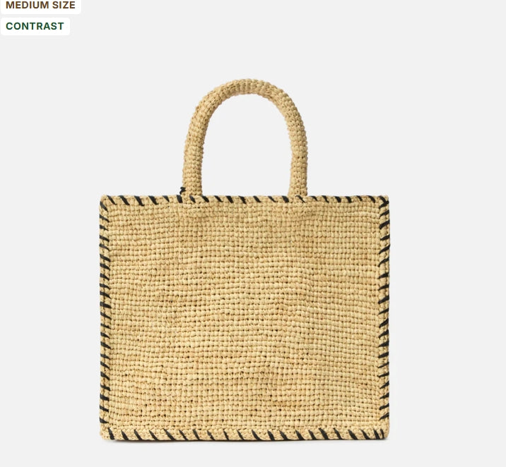 Medium Colette Raffia Bag with Embroidered Logo and Black Contrast Trim
