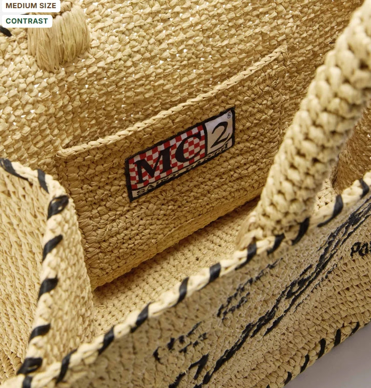 Medium Colette Raffia Bag with Embroidered Logo and Black Contrast Trim