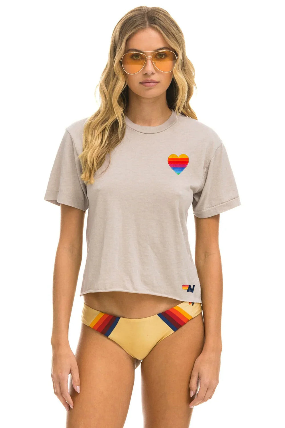 Rainbow Heart Stitch Boyfriend Tee - Sand