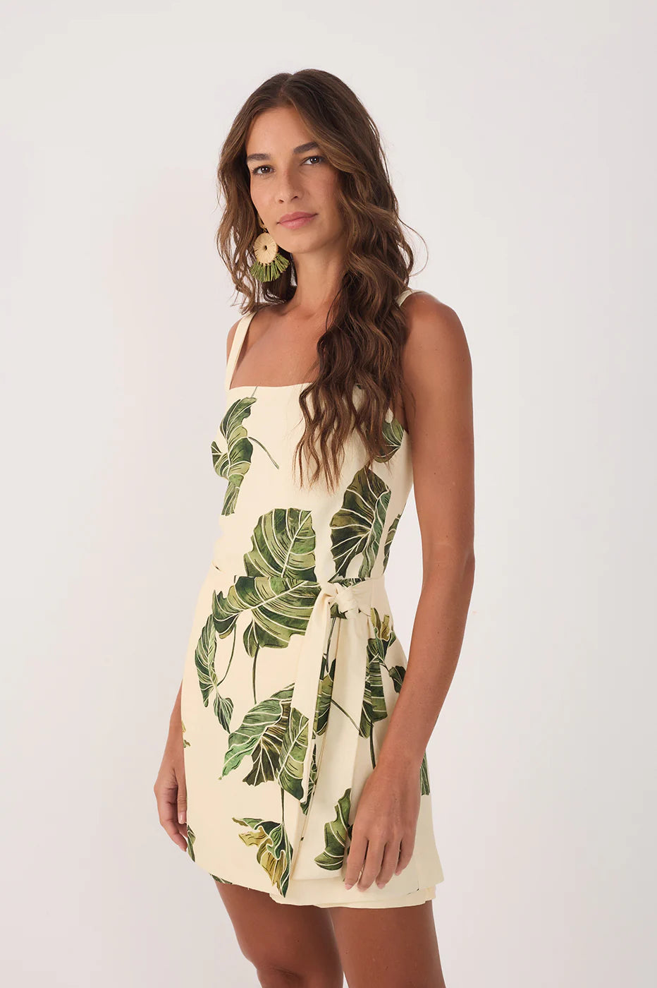 Folhar Square Neck Wrap Romper - Beige Leaf Print