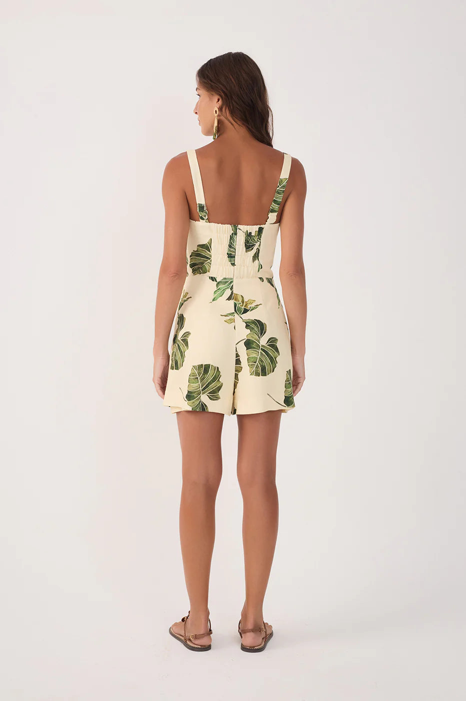 Folhar Square Neck Wrap Romper - Beige Leaf Print