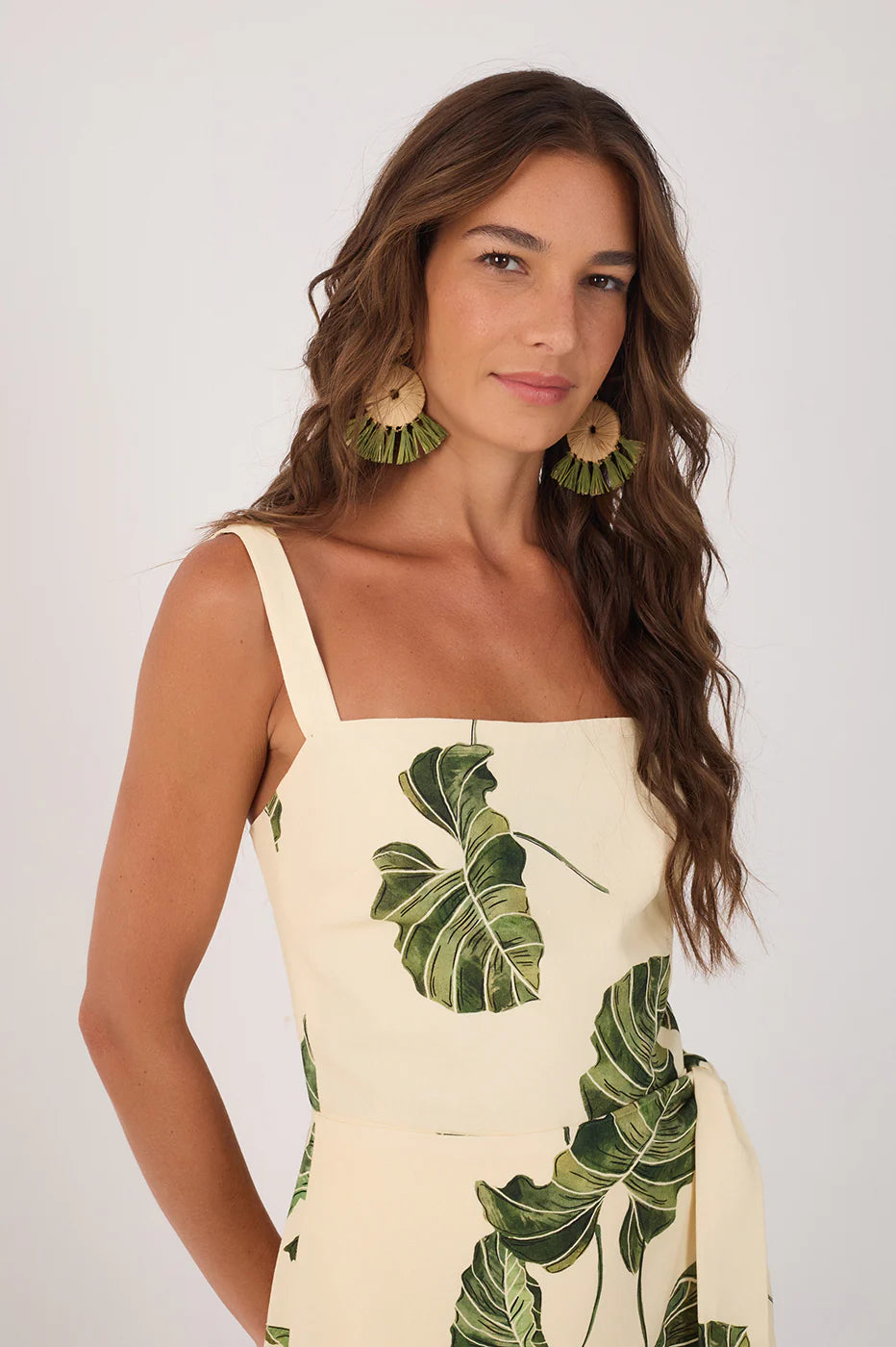 Folhar Square Neck Wrap Romper - Beige Leaf Print