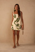 Folhar Square Neck Wrap Romper - Beige Leaf Print