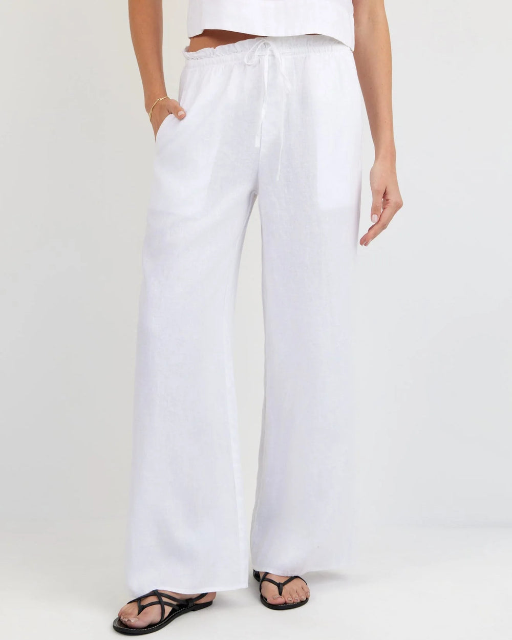 Ruffle Waist Wide Leg Pant - White