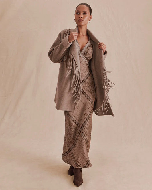 Sandra Fringe Jacket - Taupe Grey
