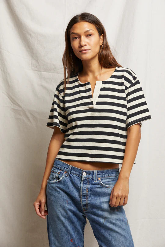 Sarah Recycled Cotton Oversized Short Sleeve - Black / Natural Stripe