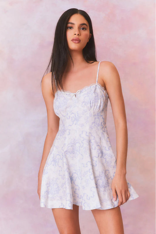 Shai Linen Bow Print Mini Dress - Blissful Blue