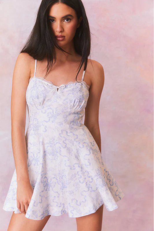 Shai Linen Bow Print Mini Dress - Blissful Blue