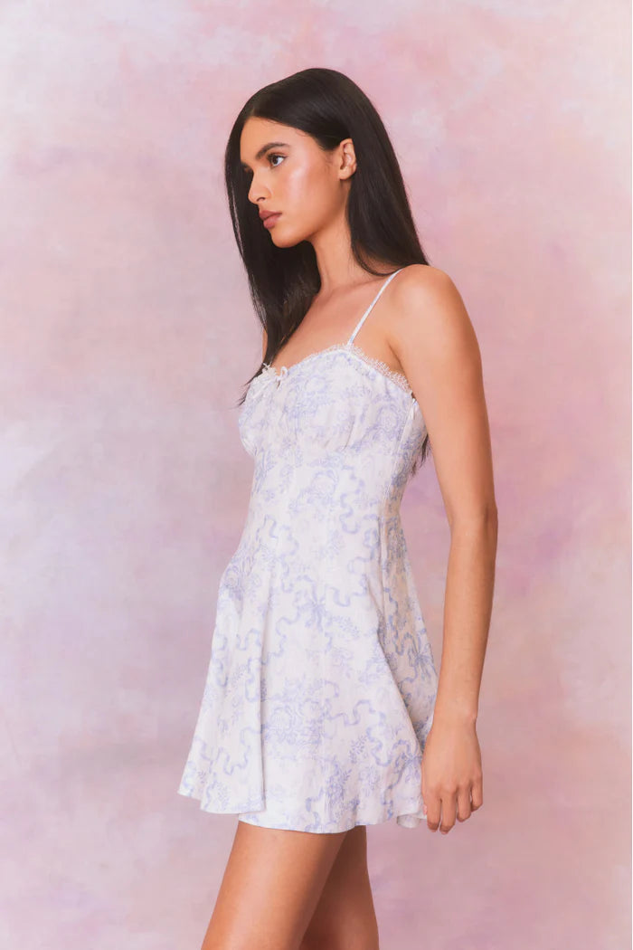 Shai Linen Bow Print Mini Dress - Blissful Blue