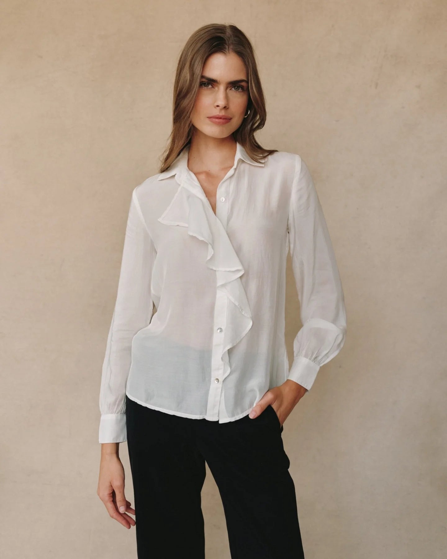Ruffle Front Shirt - Sheer Ivory