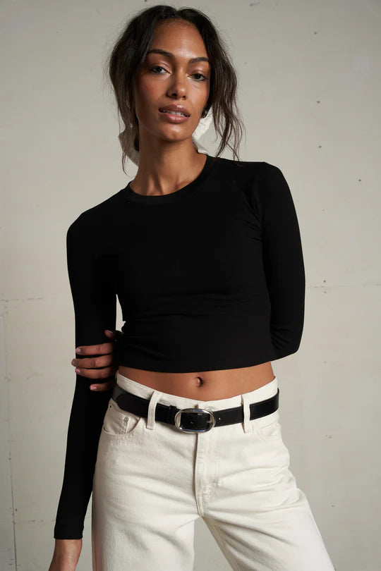 Sienna Luxe Rib Crewneck Crop Top - True Black