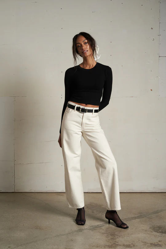 Sienna Luxe Rib Crewneck Crop Top - True Black