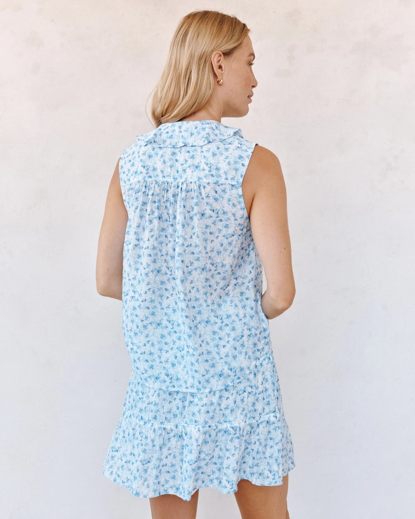 Sleeveless Ruffle Top - Blue Ditsy Floral Print