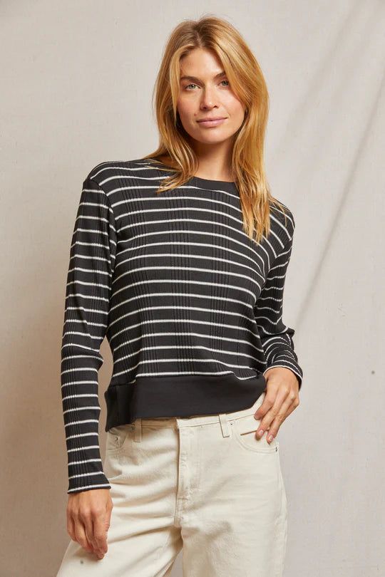 Stef Luxe Rib Pullover Sweatshirt - Black/Sugar Stripe