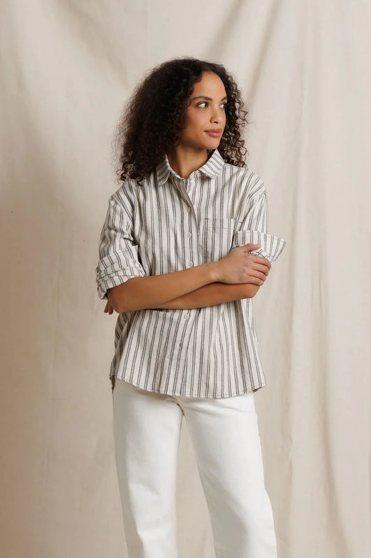 Teresa Cotton Flannel Oversized Button Down - Whitecap Grey Stripe