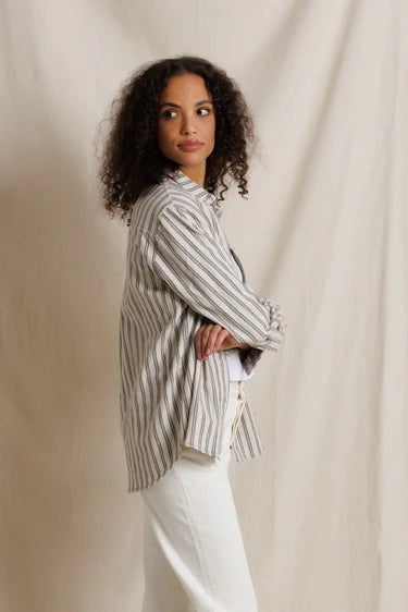 Teresa Cotton Flannel Oversized Button Down - Whitecap Grey Stripe