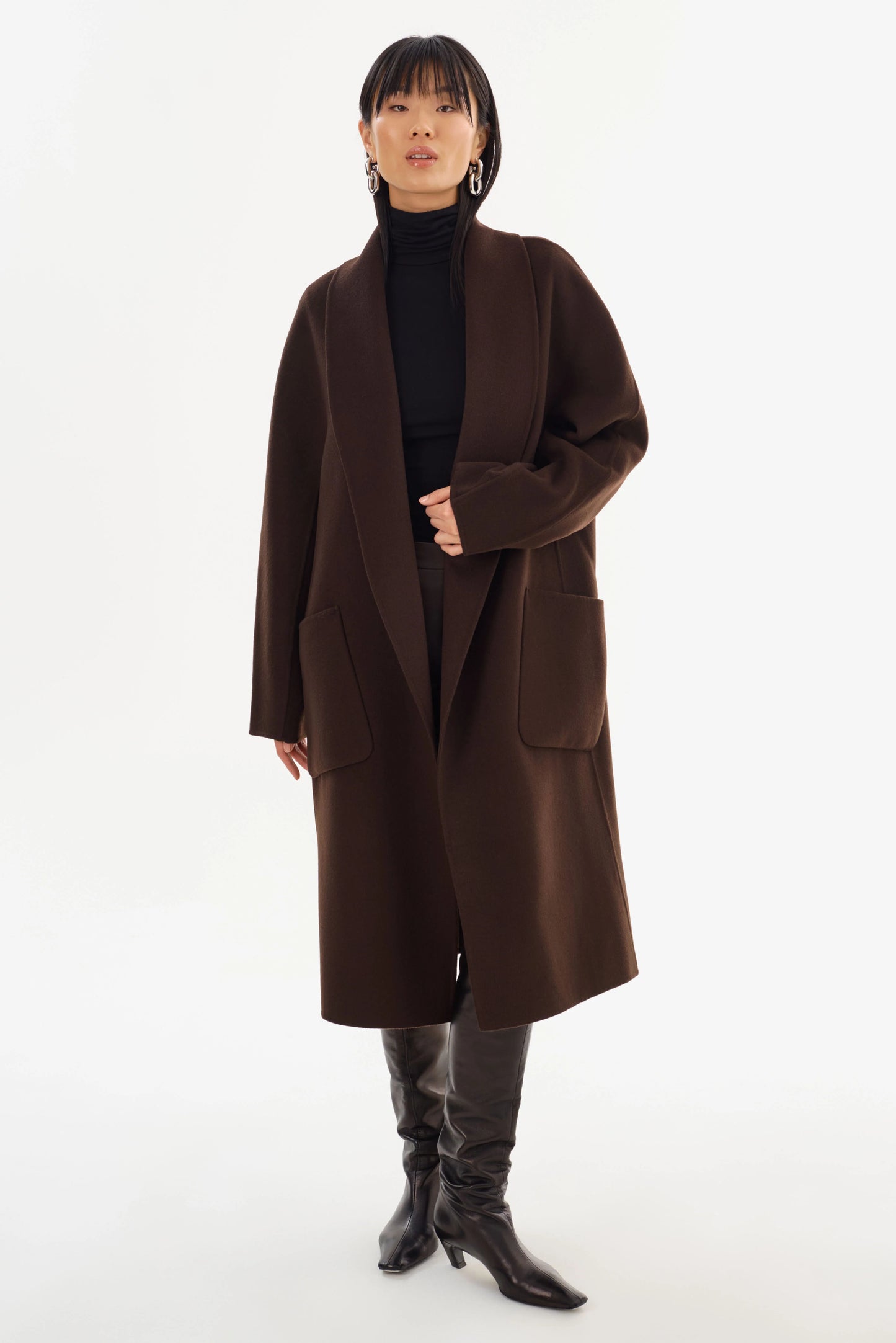 Thara Shawl Collar Wool Coat - Dark Brown