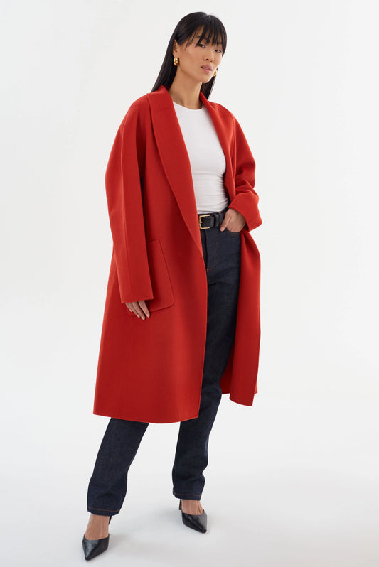 Thara Shawl Collar Wool Coat - Crimson