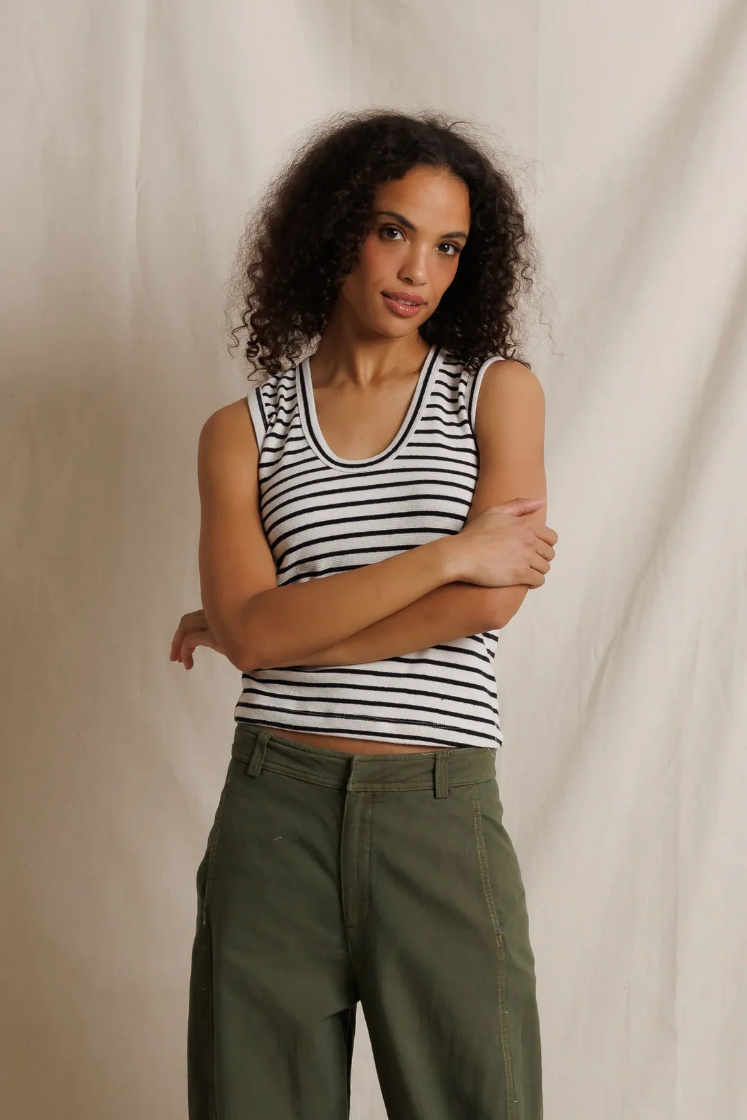 Tracy Cotton Jersey Striped U-Neck Tank - Natural Black Stripe