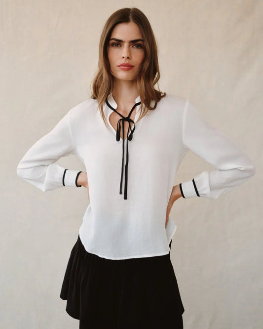 Contrast Trim Long Sleeve Pullover - Off White