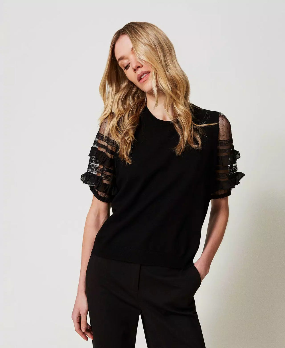 Jumper with Tulle and Lace Sleeves - Black