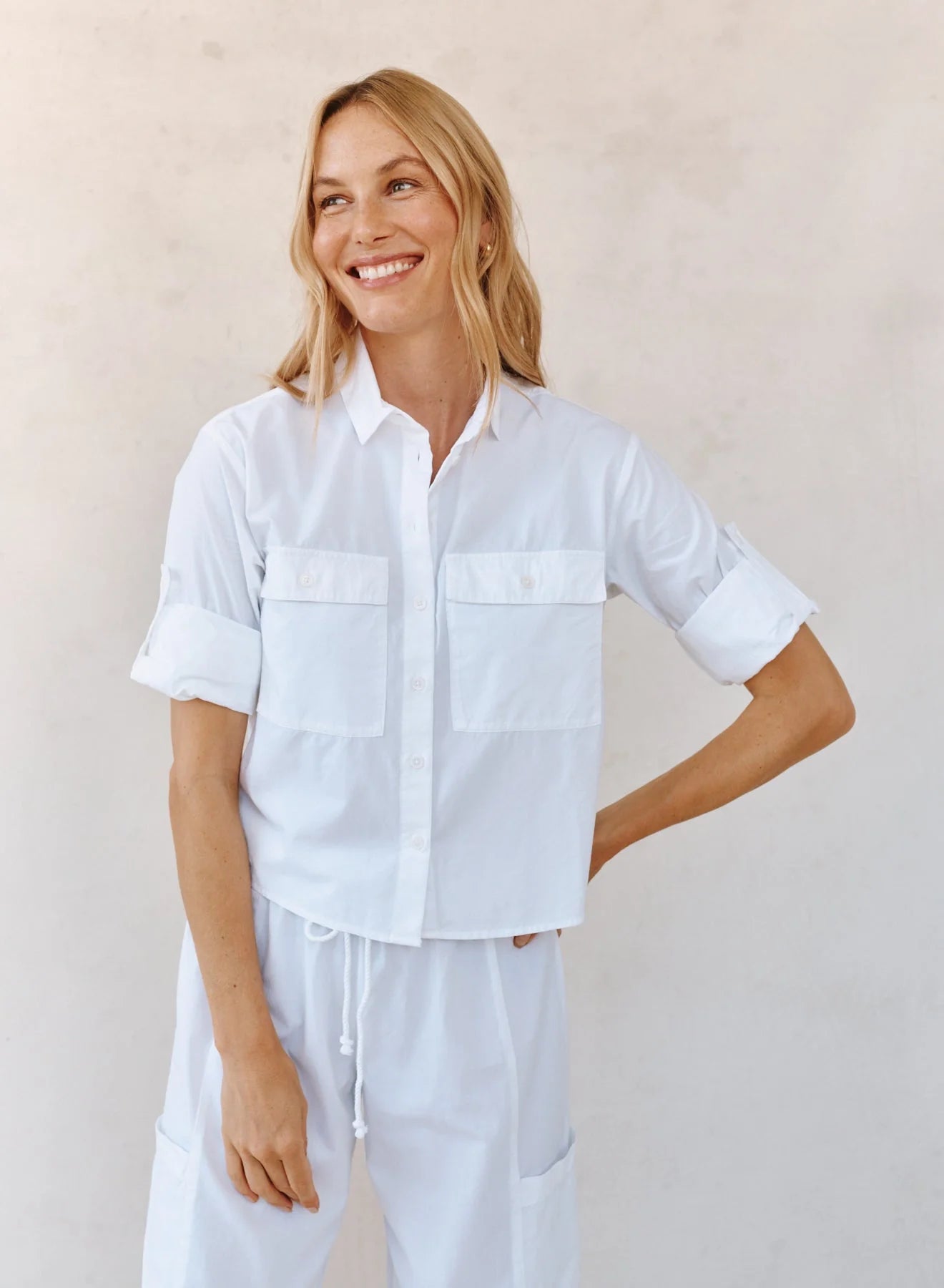 Long Sleeve Crop Utility Shirt - White