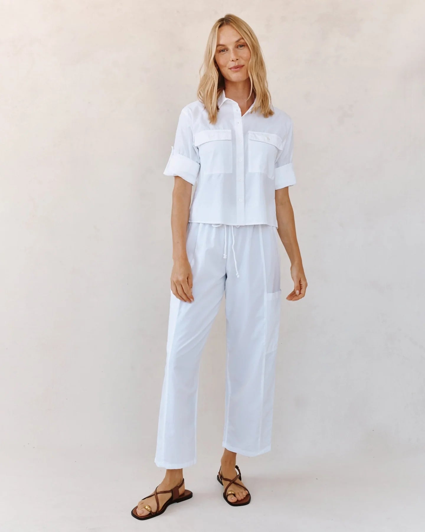 Long Sleeve Crop Utility Shirt - White