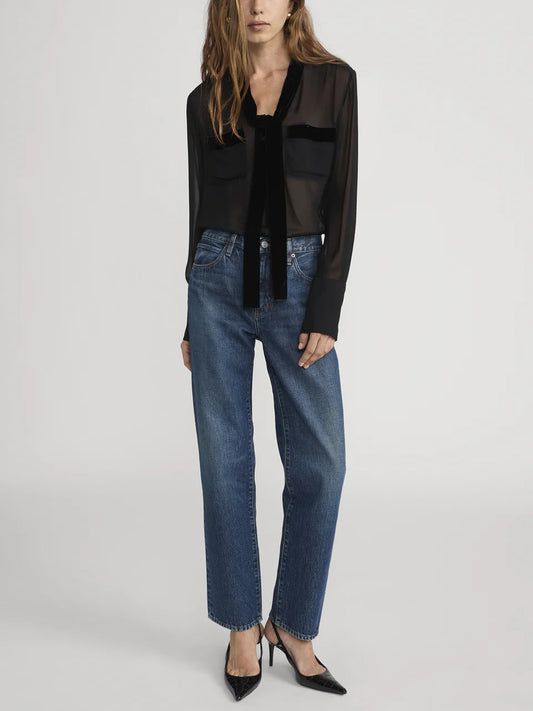 Velvet Trim Modern Tie Blouse - Black