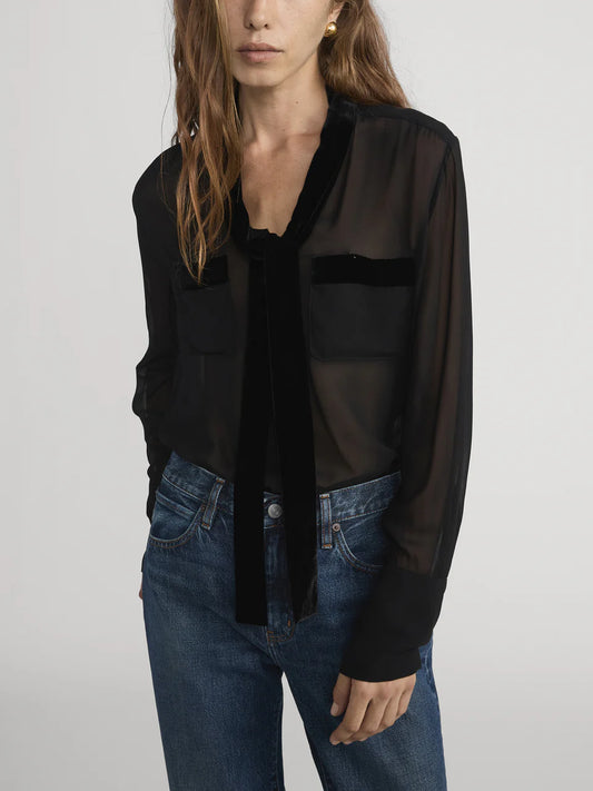 Velvet Trim Modern Tie Blouse - Black